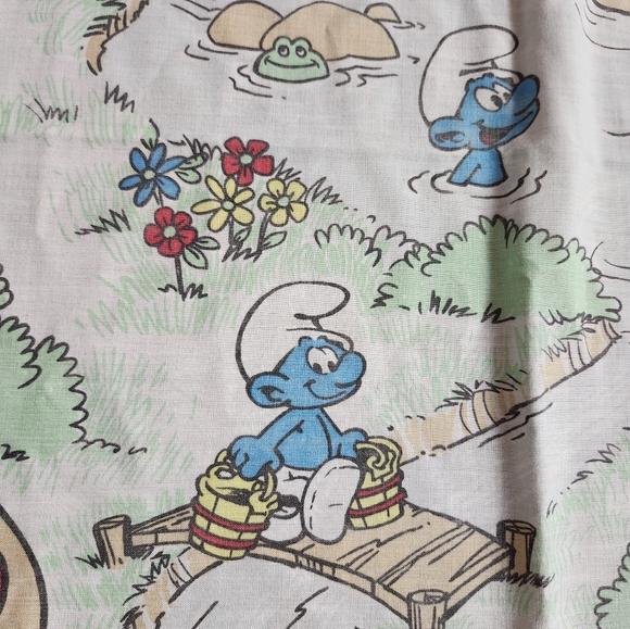 Vintage 1980s "Smurf Village " Twin Flat Bed Sheet Fabric - Picture 7 of 10